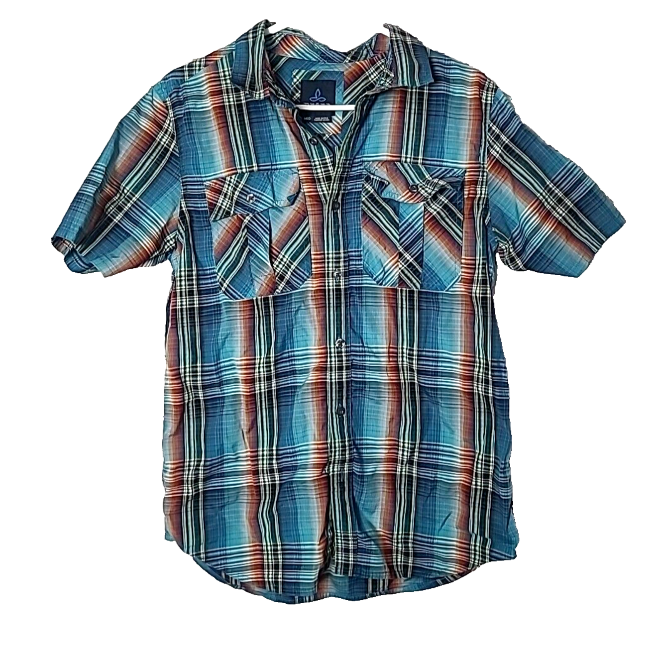 Prana Blue Plaid Pockets Western Short Sleeve Button Down Shirt Men's Sz Medium
